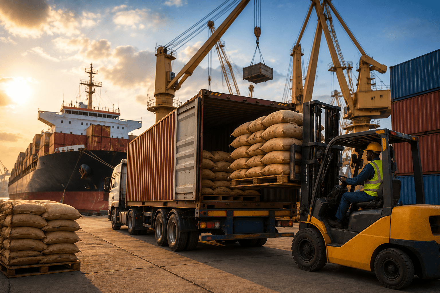Cocoa sacks being loaded into an export container at a shipping port